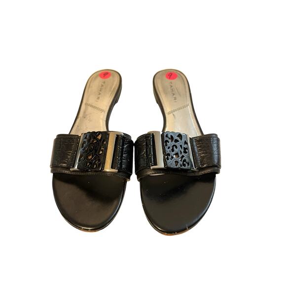 Tahari Black Buckle Flat Slide Slip Sandals 9 - Picture 2 of 11
